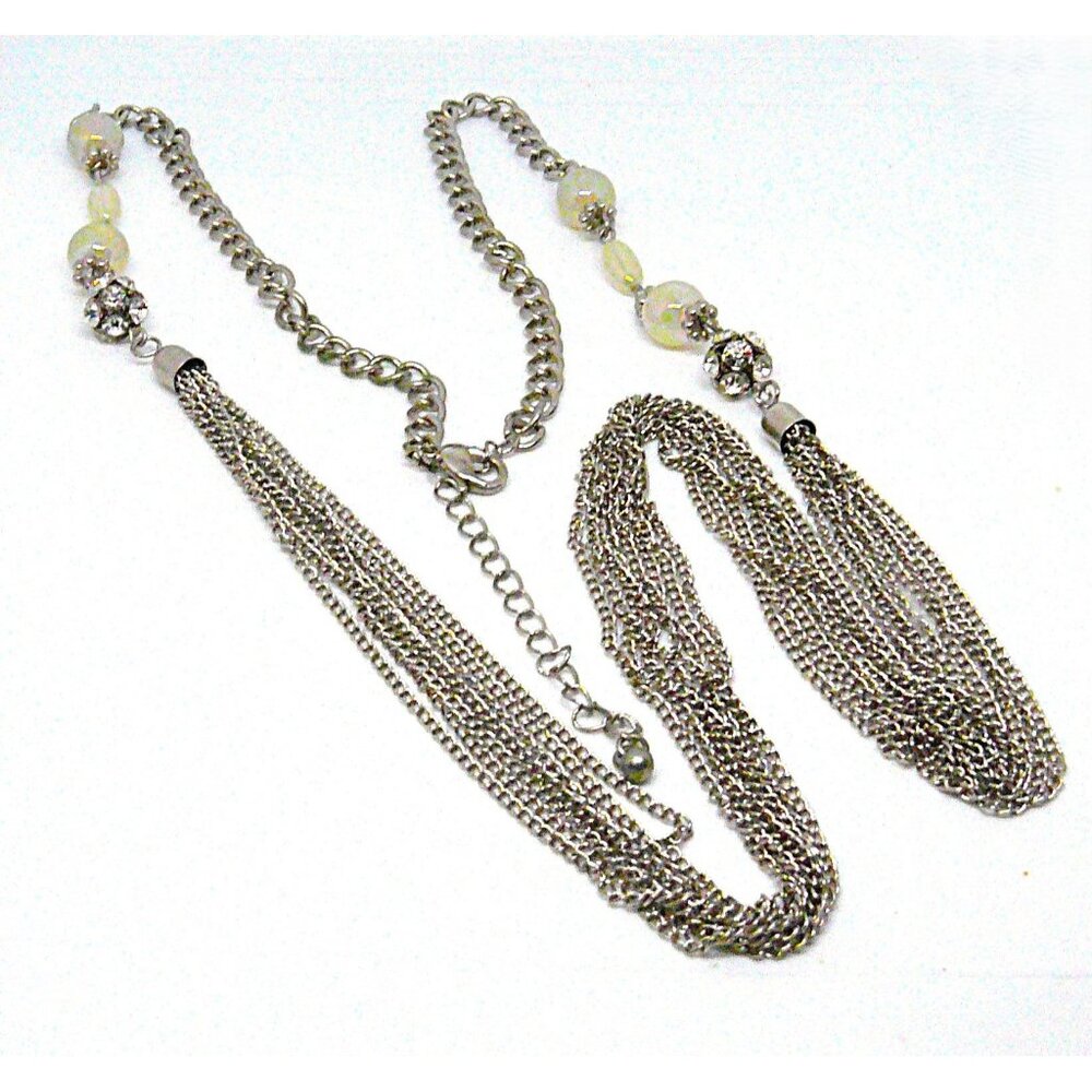 Vintage Multi-Strand Silver Chain Necklace With Beaded Accents Adj Length 34-37"